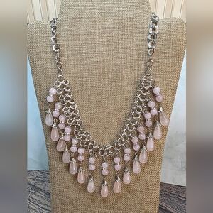 Rose Quartz Statement Bib Necklace | Silver Tone Chain | Boho Chic